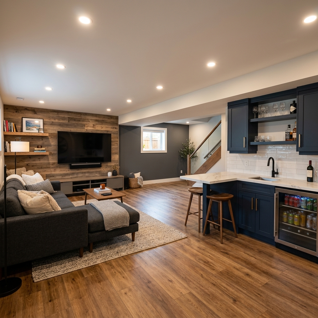 Beautifully finished modern basement living space.