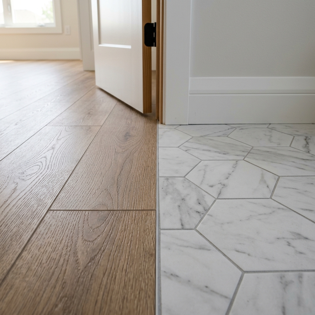Luxury vinyl plank floor transitioning to custom hexagonal tile.