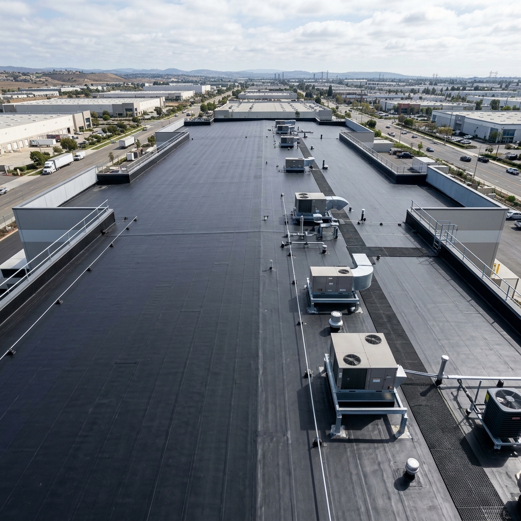 EPDM flat roofing installation project.